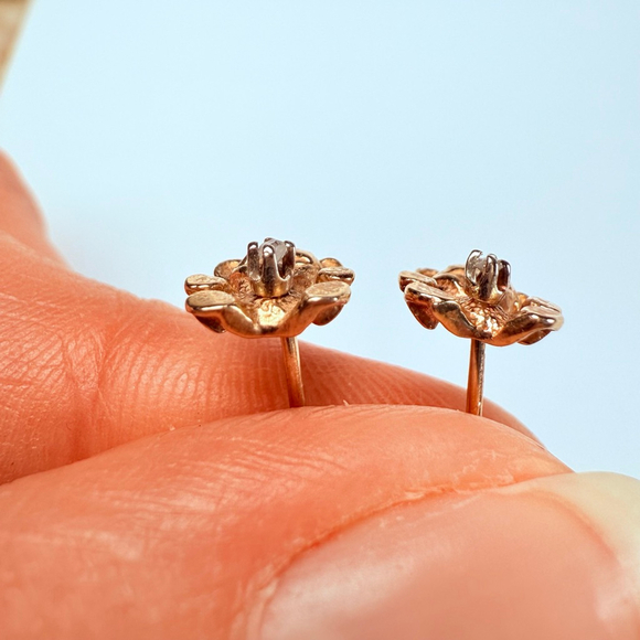 14K Solid Yellow Gold Genuine Diamond Solitaire Teddy Bear Stud Earrings - Picture 7 of 9